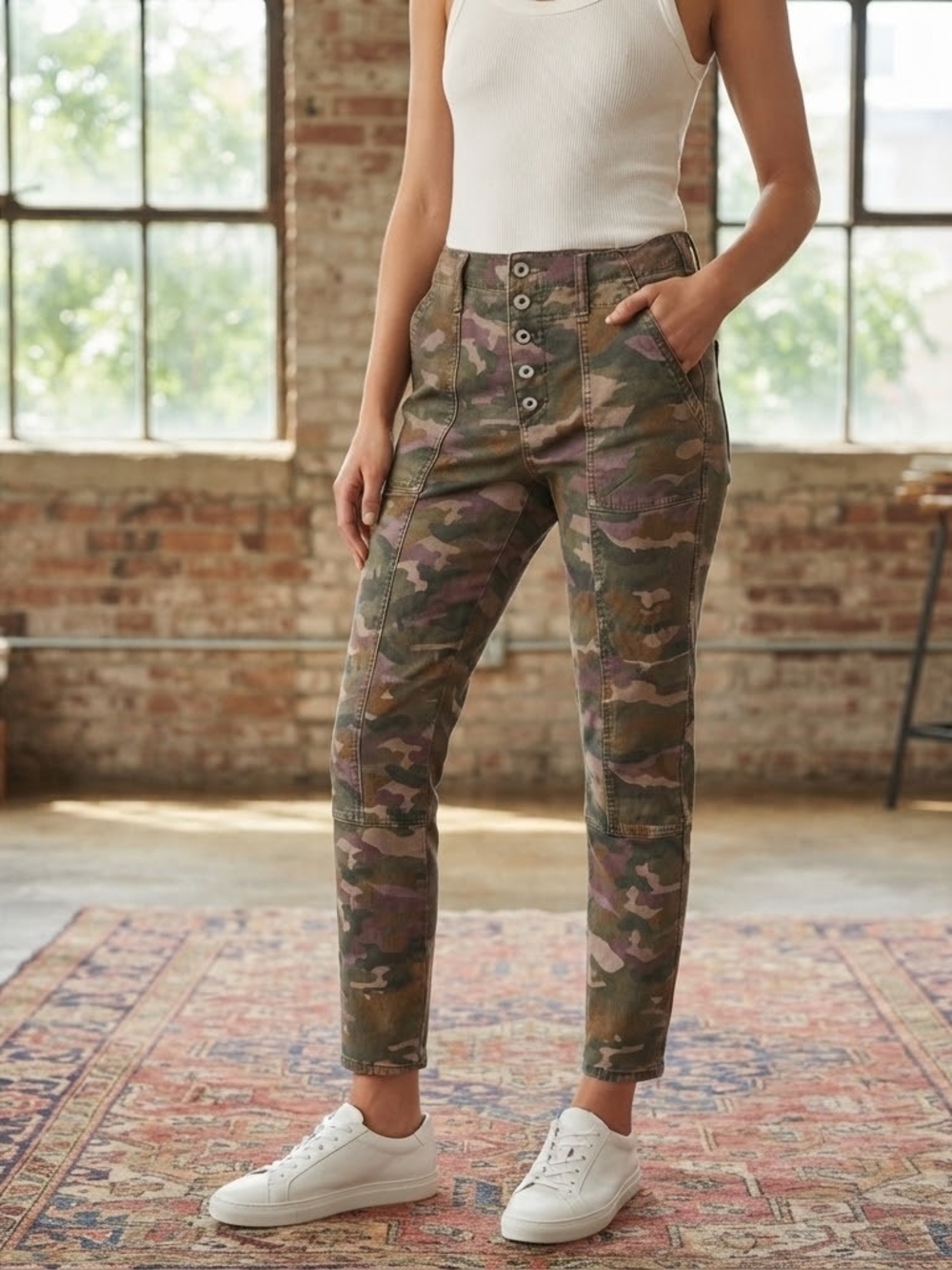 Anthropologie Olive Camo High-Rise Button-Fly Ankle Pants